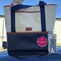 New 2-in-1 Beach Bag Cooler Tote Cream Navy Blue