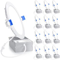 12 Pack 6 Inch Ultra-Thin LED Recessed Ceiling Light with Junction Box, 5000K Daylight, 12W 110W Eqv, Dimmable Can-Killer Downlight, 1050LM High Brigh