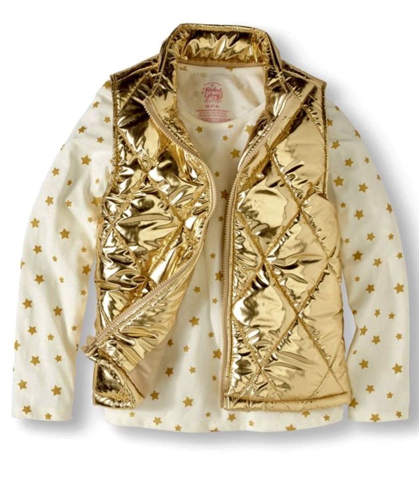 XL Girls Foil Puffer Vest and Long Sleeve Tee with Printed Metallic Ink Stars, Knit & Woven 2pc Set