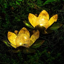 new Garden Solar Lights Outdoor(2Pack) , Amber Crackle Globe Glass Lotus Decoration , Waterproof Orange Metal LED Flower Lights for Patio,Lawn,Walkway