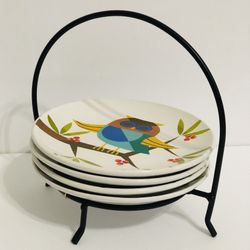 Signature Housewares Turquoise Owl Dessert Plates with Metal Stand