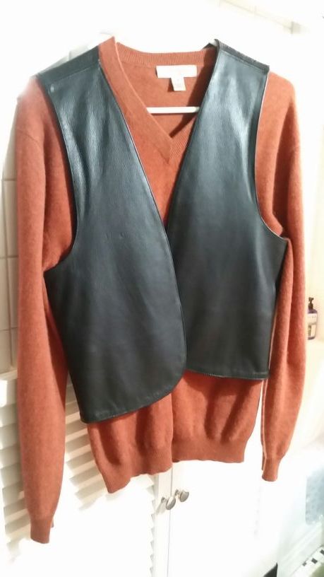 Leather vest and cashmere sweater. Beautiful and warm for all occasions. Size Small Men.