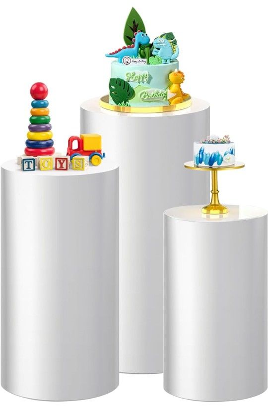 3Pcs White Round Cylinder Stands for Party, Metal Cylinder Pedestals Display Cake, Pedestal Stands for Parties Birthday Wedding Event Decor