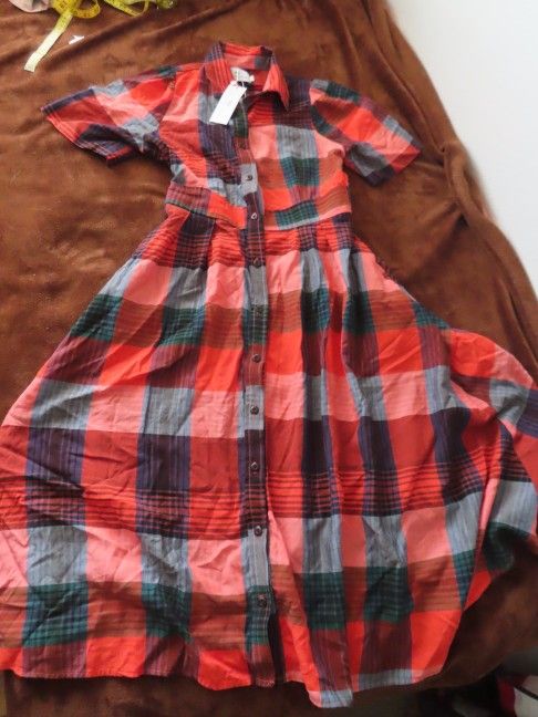 Never a Wallflower Women RED AND BLUE PLAID SHIRT DRESS Sz XS NWT