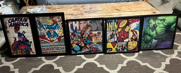 5 Marvel Comics Captain America Wall Hangings. Custom Framed. Great For Boys Room Decorations. In Excellent Condition.  $50 For All