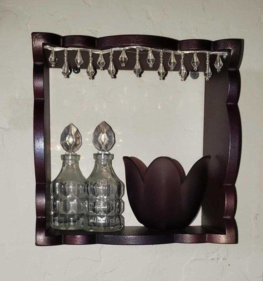 X4 VINTAGE ORNATE CRYSTAL JAR BOTTLES WITH STOPPERS PURPLE FLOWER TULIP CANDLE HOLDER SQUARE CUBE SHELF LEDGE 