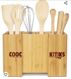 Utensil crock Bamboo Utensil Holder for counter top, Expandable holder, 4 in 1 utensil holder, Expandable, Adjustable Silverware Organizer with 4 Adju