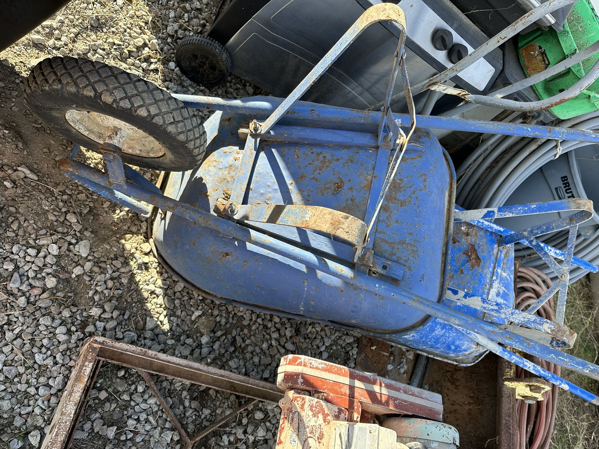 Wheel Barrows, Excavator Bucket, Chain Link Post Holders, Tile Brick Saw