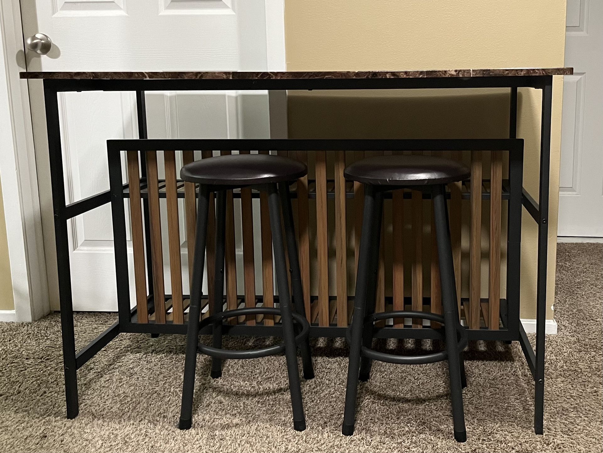 Dora 3-Piece Rectangle Faux Marble Wood Top Brown Dining Table Set, Kitchen Island Set with 2-Stools for Kitchen