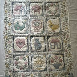 Vintage COUNTRY SAMPLER QUILT Saltbox House Pig Whale Duck Cat Heart ❤️