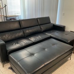 Modern Leather couch and Ottomen with storage inside ( dark Blue Leather)