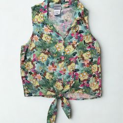 Nickelodeon SpongeBob Tropical All Over Print Front Tie Button Down Shirt Size Juniors Large