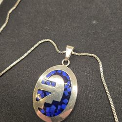 925 Sterling Silver Pendant With Blue Agate Stone Inlay