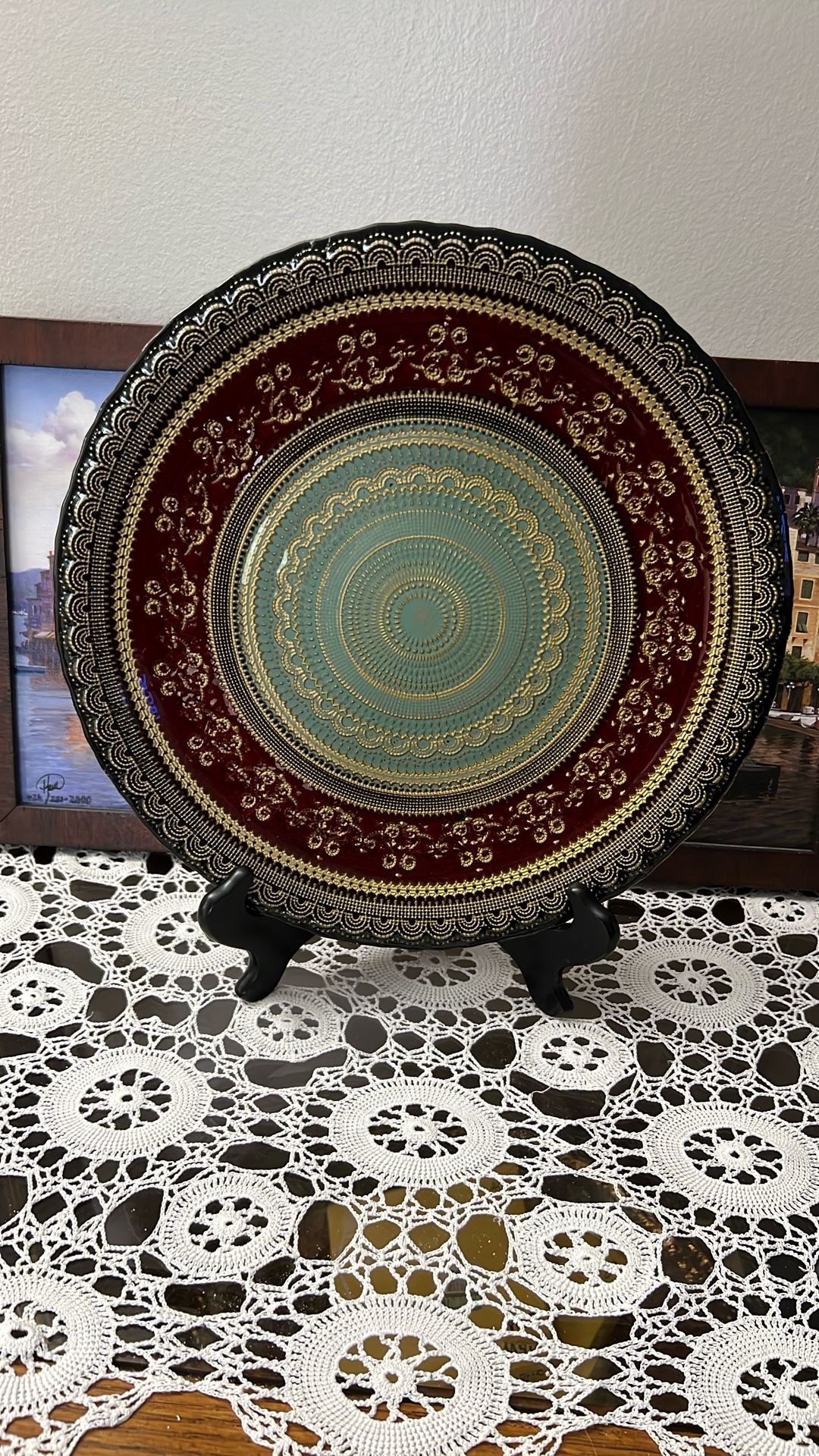Turkish Hand Painted Gold Lace Red Glass Platter 13”