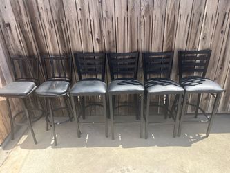 6 Metal Bar Stools with Black padded Seats