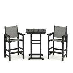 Brand New 3-Piece Black Acacia Wood Bar Height Patio Set, factory sealed in original boxes and unassembled. This set comes with 2 bar-height arm chair