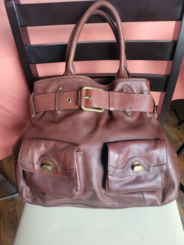 COLE HAAN Leather Belted Large Satchel Turnlock Pockets Purse Shoulder Bag