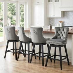 Counter Height Bar Stools, 360 Swivel Bar Stools with Backs, Premium Velvet Fabric Upholstered Counter Height Chairs, Solid Wood Legs, (Grey, 26" H Se