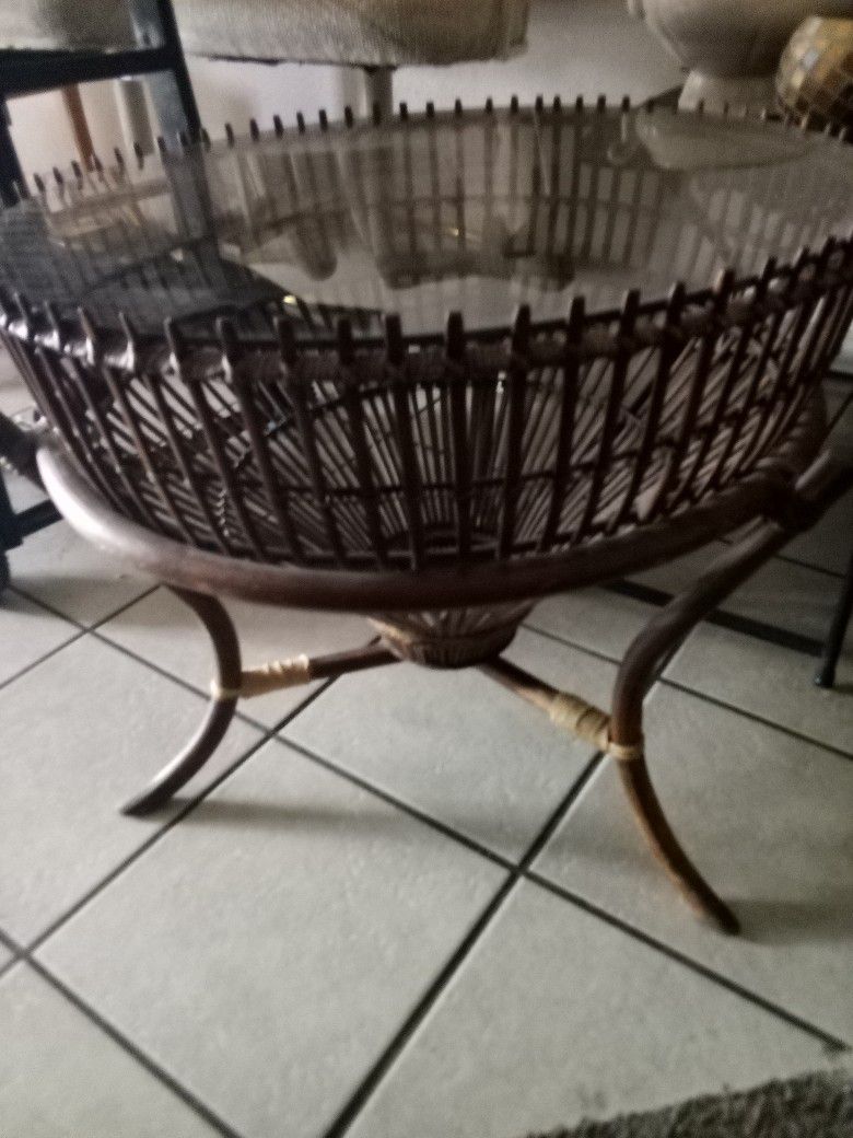 1960 Brown Asian Antique Cane / Rattan Fish Trap Table 