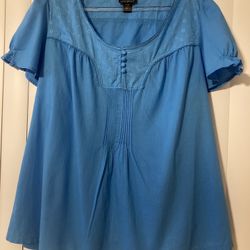 Lane Bryant Blue 100% Cotton Peasant Top Plus Size 18/20 Floral Embroidered