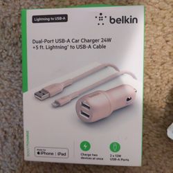 Belkin  Dual-Port USB Car Charger + 5 Ft Lightning Cable ($9)