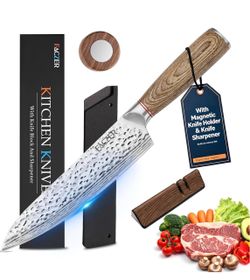 Chef Knife, 8 Inch High Carbon Stainless Steel Sharp Kitchen Knife Ultra Sharp Chef Knife with Hammered Finish, with Knife Holder & Knife Sharpener, G