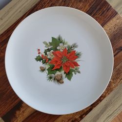 10 1/4" China Plate with Red Poinsettia Design, possibly Shenango (?)