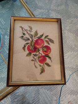 Vintage Cross Stich Gorgeous Fruit Gold Tone Frame