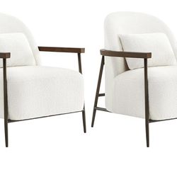CHITA Accent Chair for Living Room Set of 2, FSC Certified Modern Upholstered Faux Sherpa Fabric Armchair with Metal Frame and Wooden Armrests, White