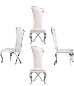 Asday White Leather Dining Chairs, Silver Streamlined High Back Dining Room Chairs with Curved and X-Shaped Legs, Set of 2