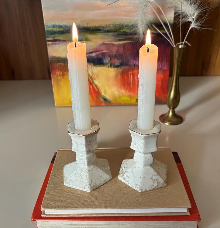 Pair Set of 2 Vintage Porcelain Candlestick Holders Candle