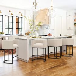 26 in. Linen Color  and Black Low Back Bar Stool with Metal Frame Counter Height Linen Fabric Counter Stool(Set of 4)