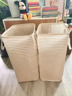 Set of 2 Tan and White Striped Laundry Hampers