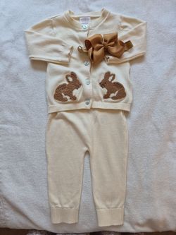 Baby Knit Bunny Cardigan and Pants Set, Size 3-6 mo, " Rock and Bye Baby"