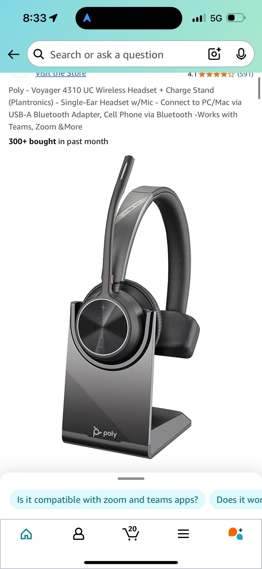 Poly - Voyager 4310 UC Wireless Headset + Charge Stand (Plantronics) - Single-Ear Headset w/Mic - Co