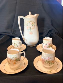 Antique Bavarian Porcelain Chocolate Pot Set — HM Bavaria | 9 Piece | Early 1900s