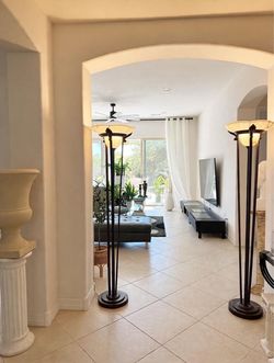 Pair of 2 Tall Wrought Iron Torchiere Floor Lamps - 72in Tall " - Alabaster Glass Bowl - Heavy Duty