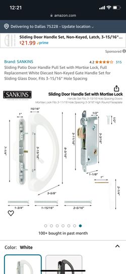 Sliding Patio Door Handle Pull Set with Mortise Lock, Full Replacement White Diecast Non-Keyed Gate Handle Set for Sliding Glass Door, Fits 3-15/16” H