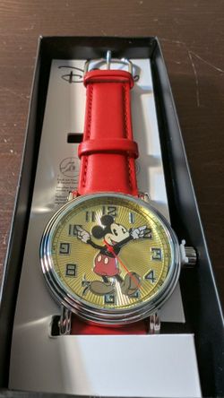 Ewatchfactory Men's Vintage-Inspired Mickey Mouse Analog Watch with Red Leather Strap