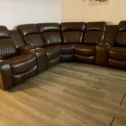 Brown Leather Sectional Sofa With 4 Power Reclining Seats