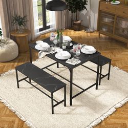 Homy Casa Lomaner 3PC Kitchen Dining Table Set 43.3” Table with 2 Benches in Black Marble Finish