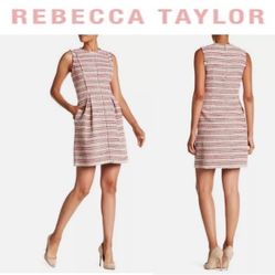 Rebecca Taylor Optic Tweed Fringe Dress in Candy Apple (Red, Pink Cream & Black Stripes) Sz 6