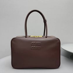 Miu Miu Brown Structured Top Handle Bag With Gold Hardware