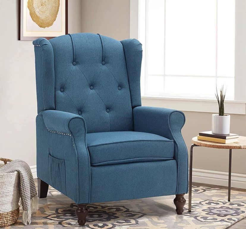 Recliner Accent Push Back Massage Chair with Heating Adjustable Tufted Fabric Arm Sofa Modern Wingback Club Home Theater Seating (Blue)