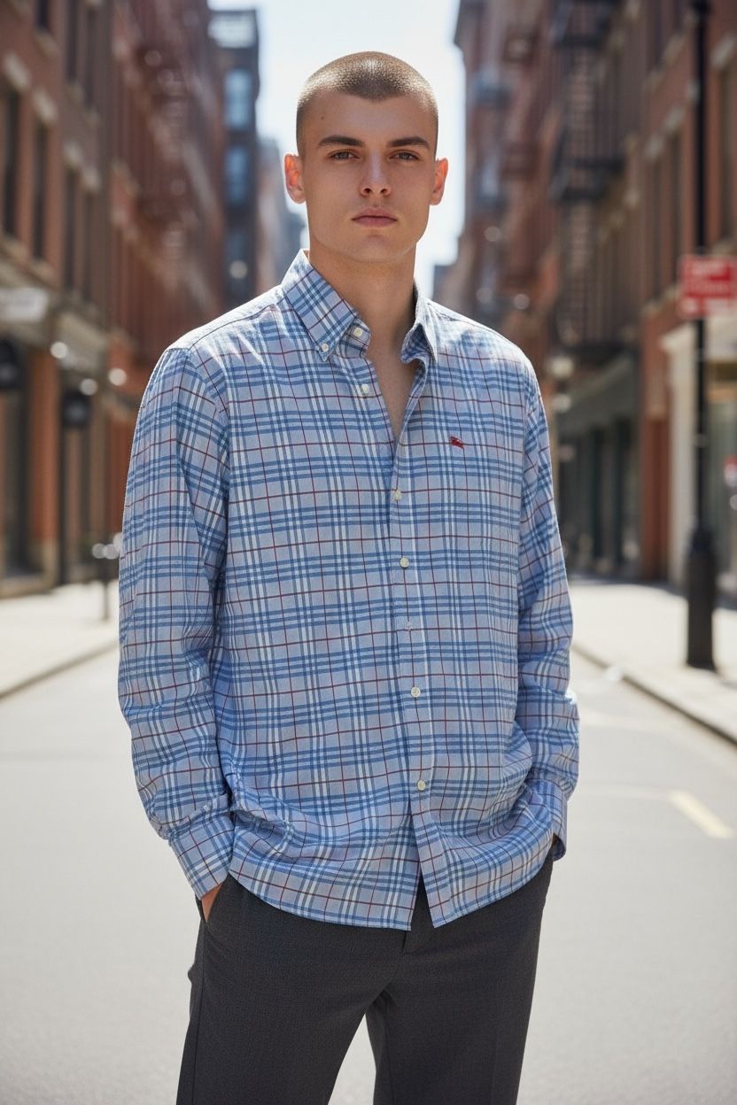 Burberry London Men’s Nova Check Blue Plaid Cotton Dress Shirt Size 17/43