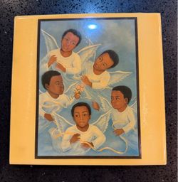 Vintage Gloria Todd Jones Ceramic Art Tile / Print - Five Black Cherub Angels - Rare Studio Release