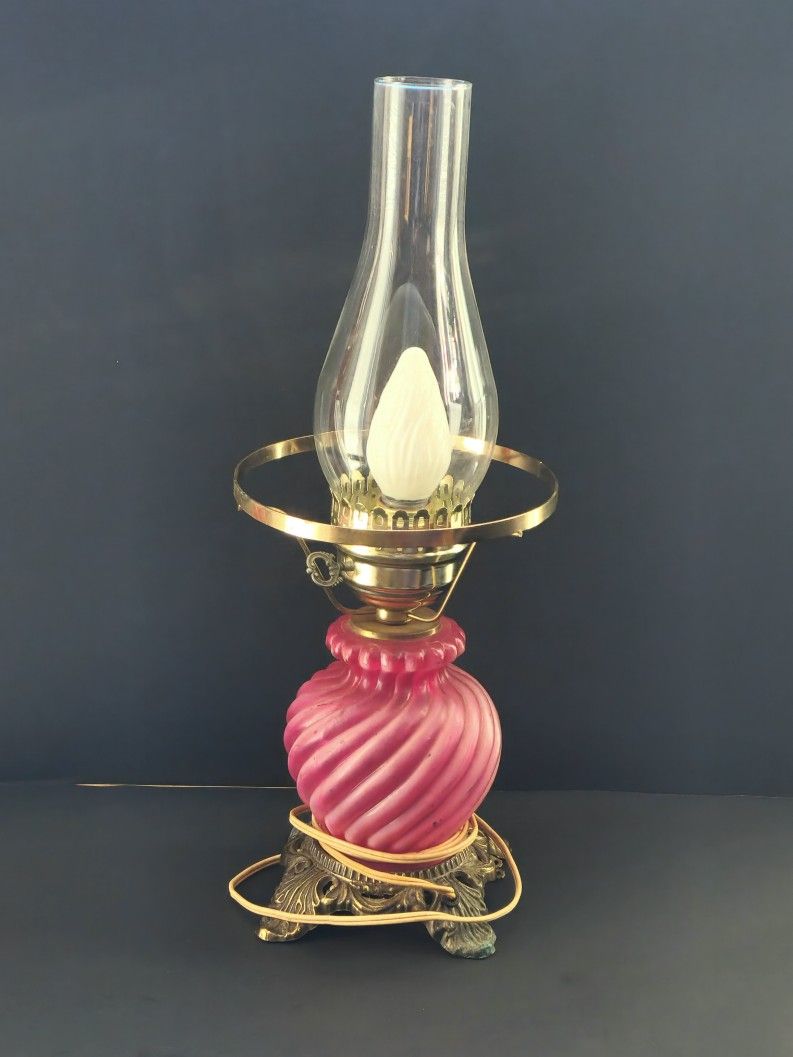 Antique Cranberry opalescent swirl glass 3 way lamp