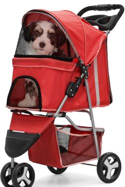 3 Wheel Foldable Waterproof Premium Quality Pet Cat Dog Stroller Travel Carrier Light Weight with Storage Basket Cup Holder Zipper Lock, 35lbs Capacit