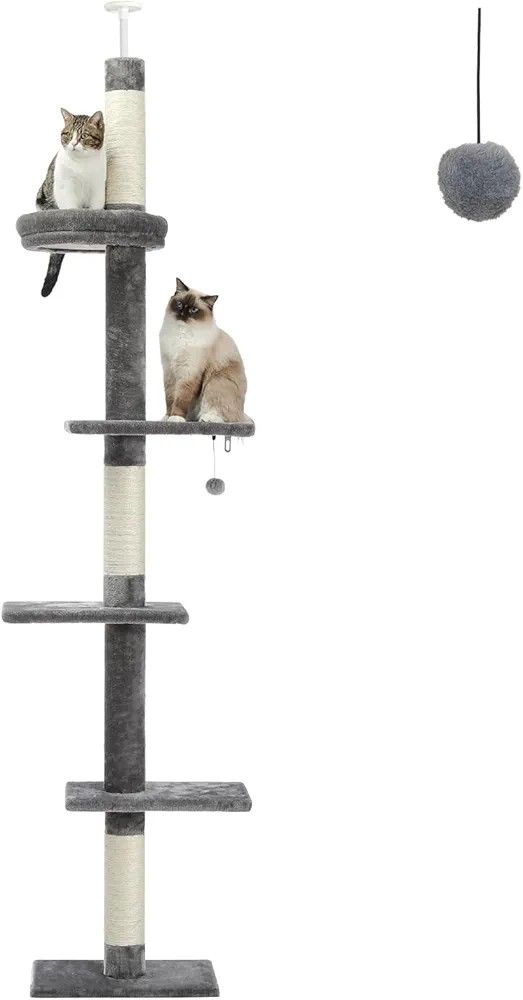 PETEPELA Cat Tower 5-Tier Floor to Ceiling Cat Tree Height(95-107 Inches) Adjustable, Tall Climbing Tree Featuring with Scratching Post, Cozy Bed,Inte