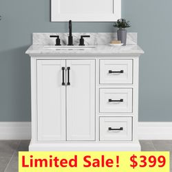 36”white single sink bathroom vanity with carrara white marble stone top